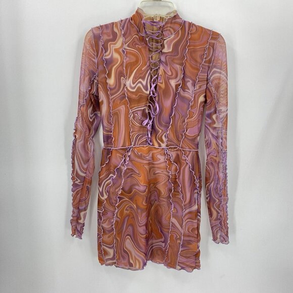 House of CB Dylan Bodycon Mini Dress Purple Brown Mesh Lace Up Front Size M - Picture 1 of 9
